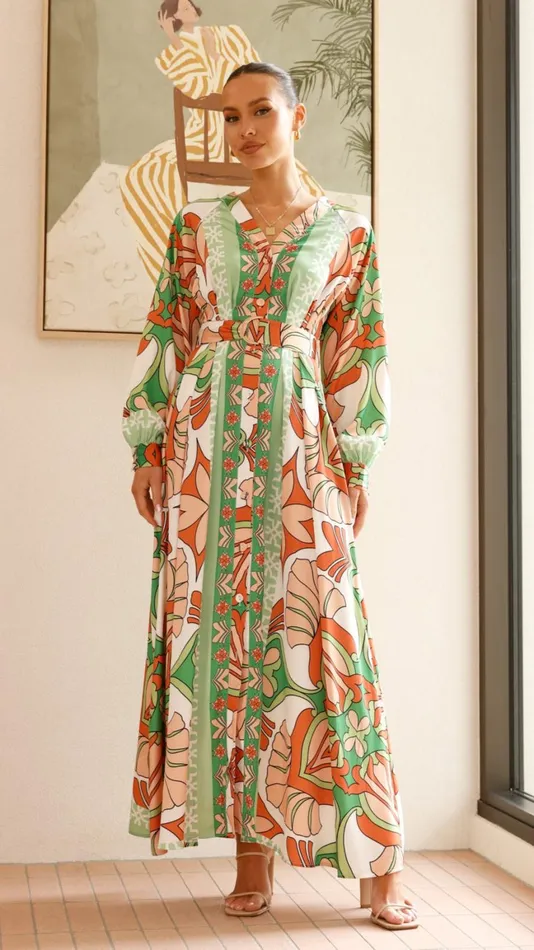 Billy J Dresses Women Vance Maxi Dress 8211 OrangeGreen Print