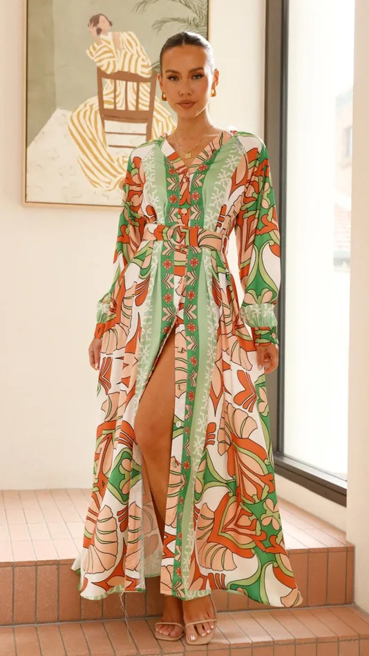 Billy J Dresses Women Vance Maxi Dress 8211 OrangeGreen Print