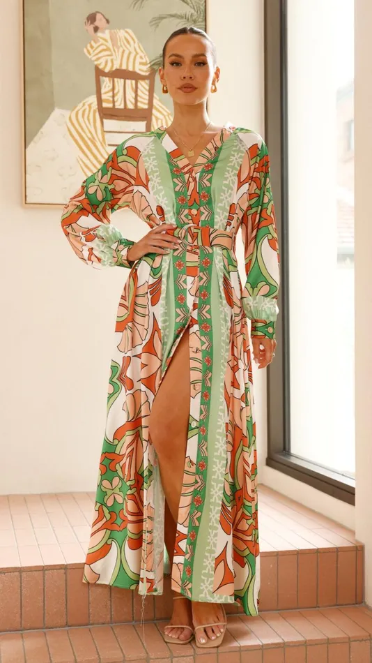 Billy J Dresses Women Vance Maxi Dress 8211 OrangeGreen Print