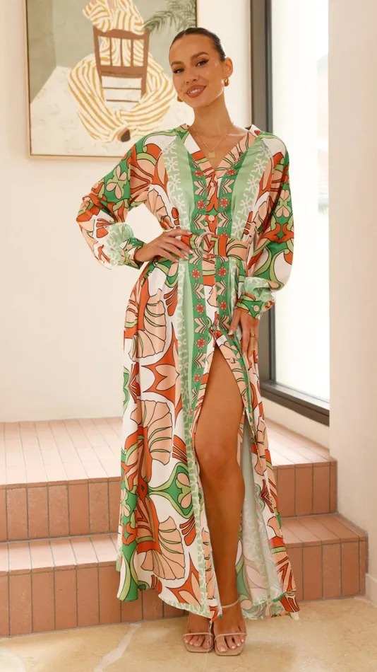 Billy J Dresses Women Vance Maxi Dress 8211 OrangeGreen Print