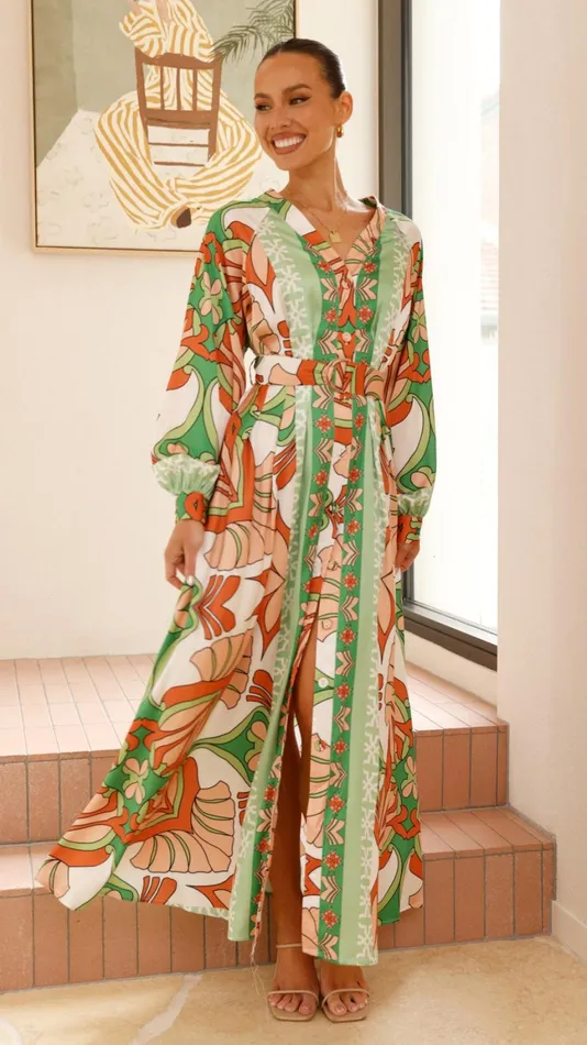 Billy J Dresses Women Vance Maxi Dress 8211 OrangeGreen Print