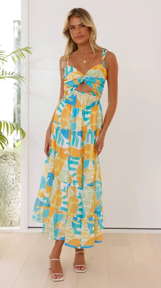 Billy J Dresses Women Yaritza Maxi Dress 8211 Blue Orange Print