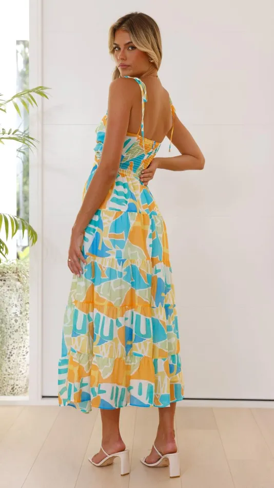 Billy J Dresses Women Yaritza Maxi Dress 8211 Blue Orange Print