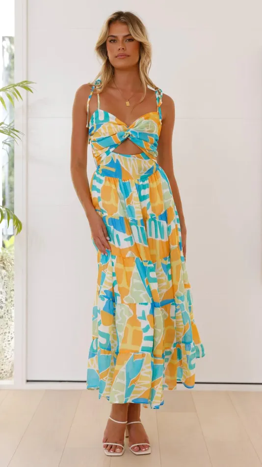 Billy J Dresses Women Yaritza Maxi Dress 8211 Blue Orange Print