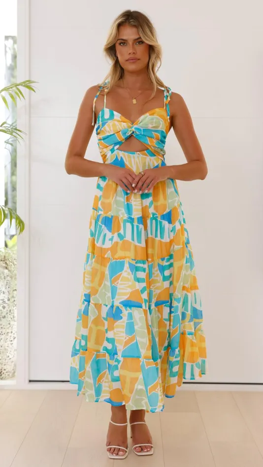 Billy J Dresses Women Yaritza Maxi Dress 8211 Blue Orange Print