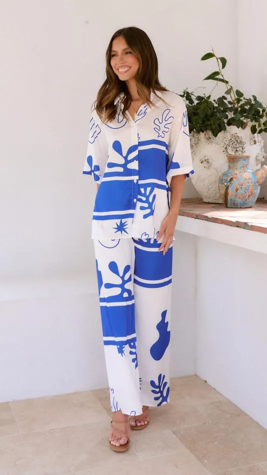 Billy J Sets Women Bailie Shirt And Pants Set 8211 WhiteBlue