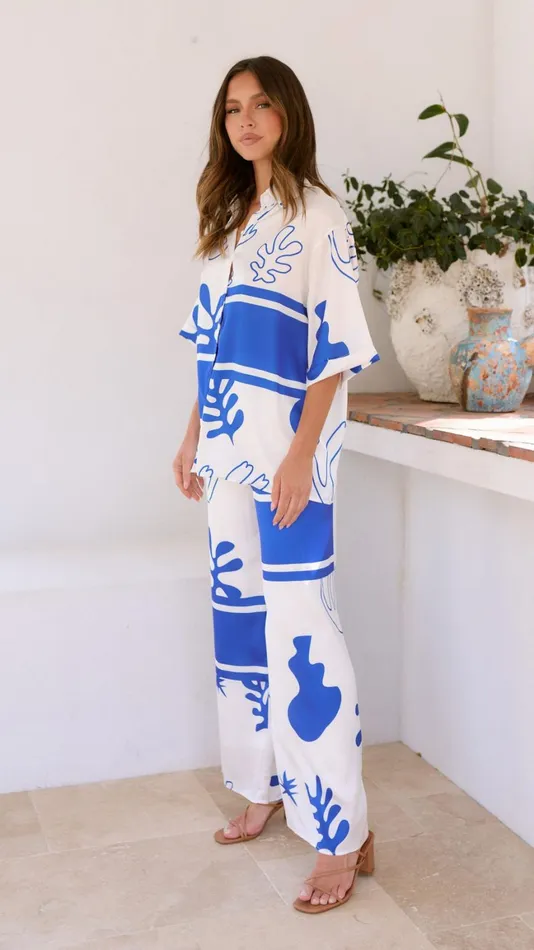 Billy J Sets Women Bailie Shirt And Pants Set 8211 WhiteBlue
