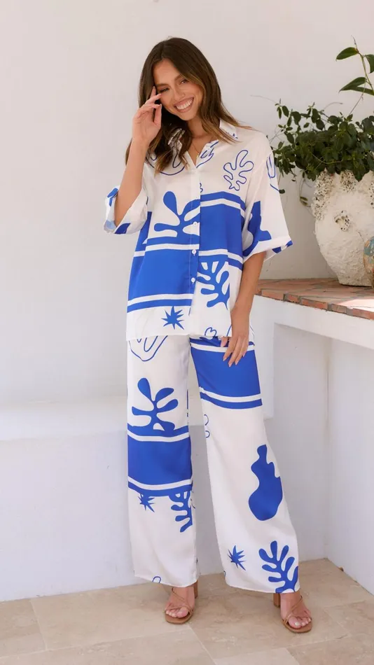 Billy J Sets Women Bailie Shirt And Pants Set 8211 WhiteBlue