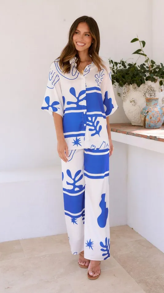 Billy J Sets Women Bailie Shirt And Pants Set 8211 WhiteBlue