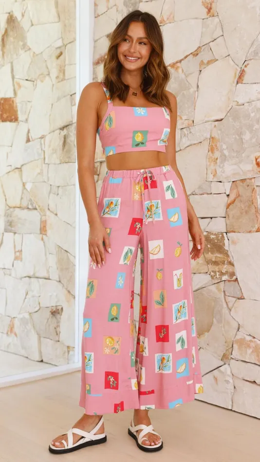 Billy J Sets Women Sabin Pants 8211 Pink Lemon Print