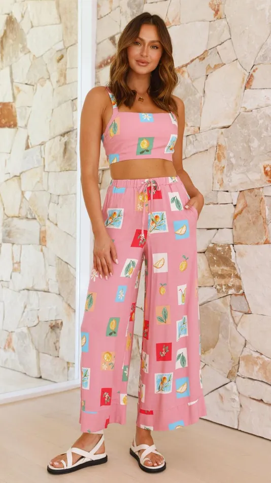 Billy J Sets Women Sabin Pants 8211 Pink Lemon Print