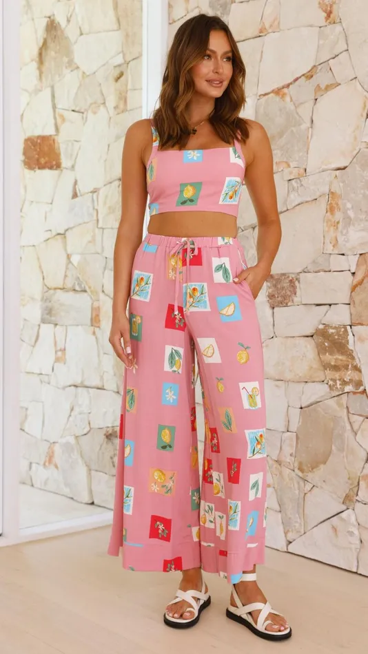 Billy J Sets Women Sabin Pants 8211 Pink Lemon Print