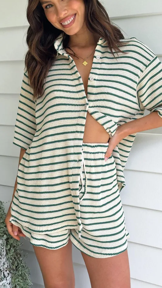 Billy J Sweaters Women Lacole Button Up Shirt And Shorts Set 8211 Beige Green Stripe