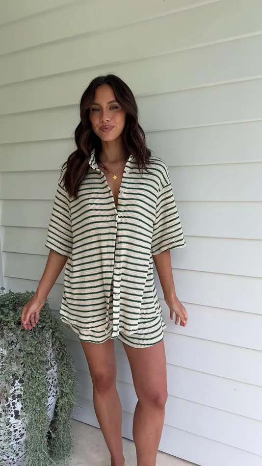 Billy J Sweaters Women Lacole Button Up Shirt And Shorts Set 8211 Beige Green Stripe