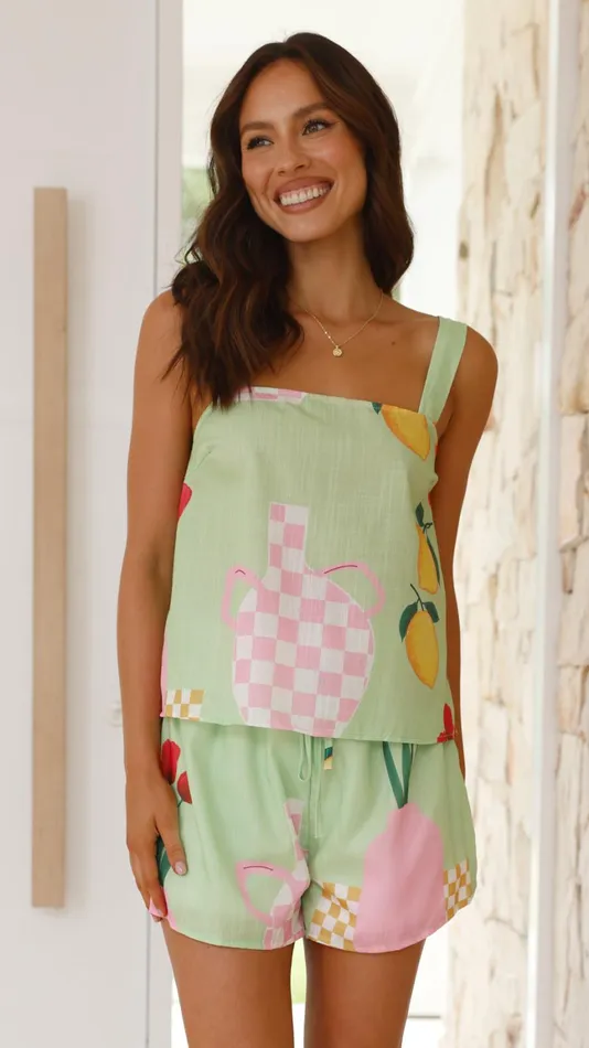 Billy J Tops Women Addison Top And Shorts Set 8211 Green Vase Print