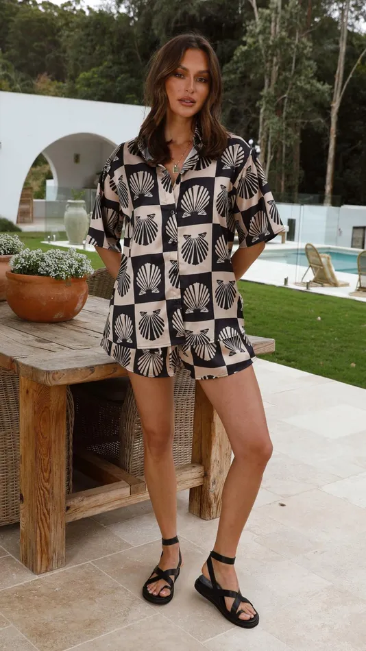 Billy J Tops Women Camillie Shirt And Shorts Set 8211 BlackBeige