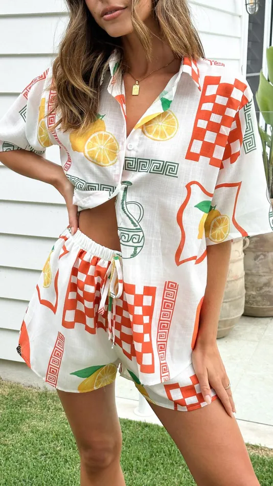 Billy J Tops Women Charli Button Up Shirt And Shorts Set 8211 Lemon Papaya Print