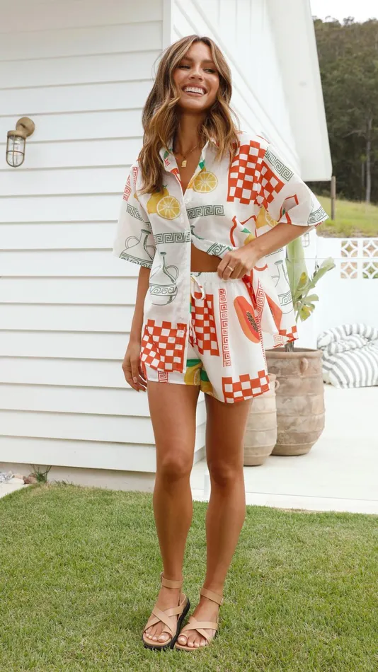 Billy J Tops Women Charli Button Up Shirt And Shorts Set 8211 Lemon Papaya Print