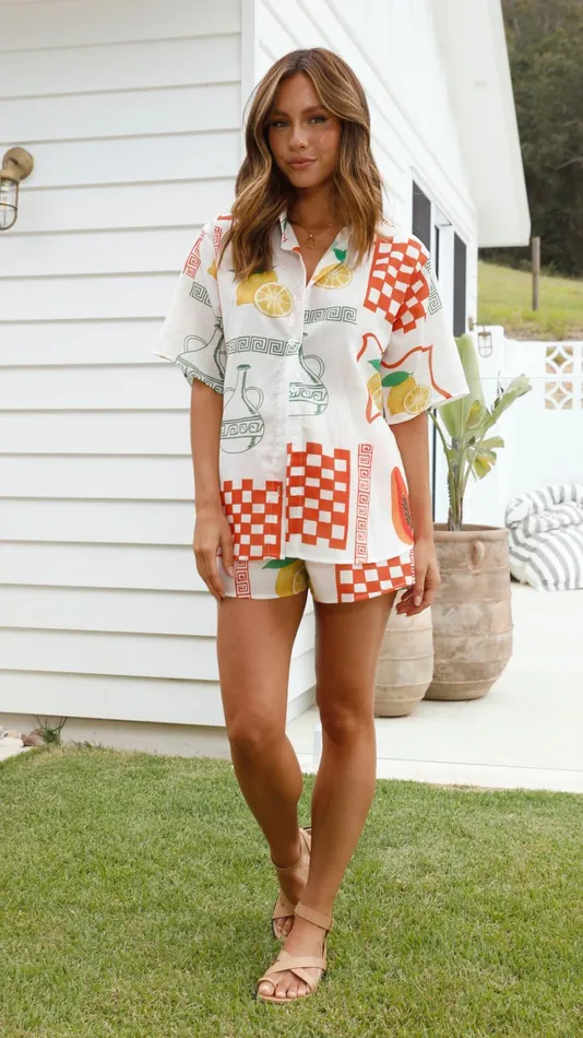 Billy J Tops Women Charli Button Up Shirt And Shorts Set 8211 Lemon Papaya Print