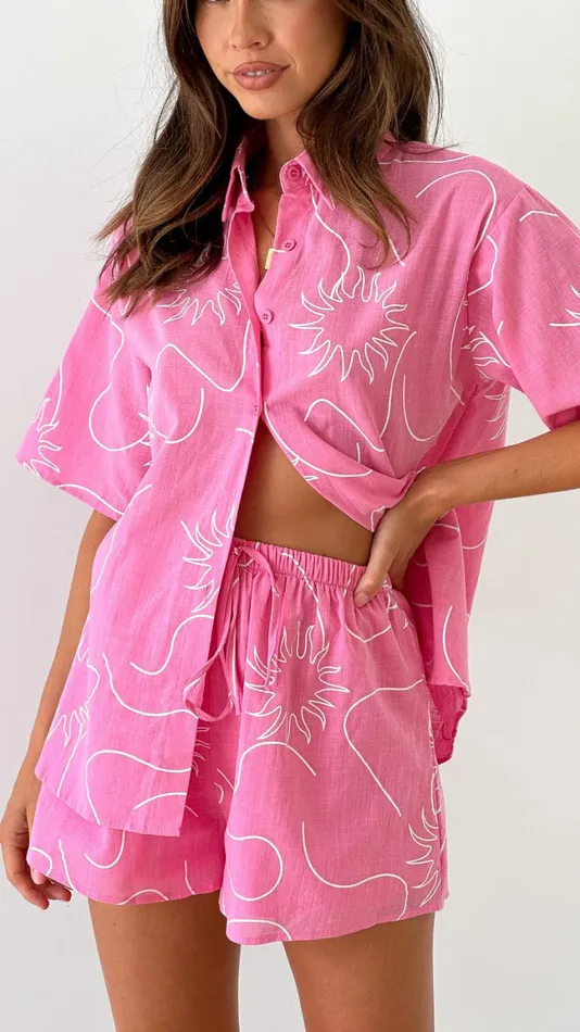 Billy J Tops Women Charli Button Up Shirt And Shorts Set 8211 Pink Swirl Sun
