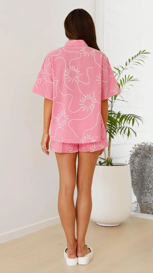 Billy J Tops Women Charli Button Up Shirt And Shorts Set 8211 Pink Swirl Sun