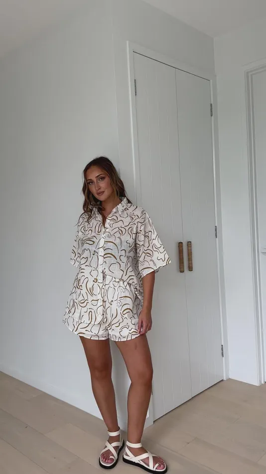 Billy J Tops Women Charli Button Up Shirt And Shorts Set 8211 WhiteBeige Floral