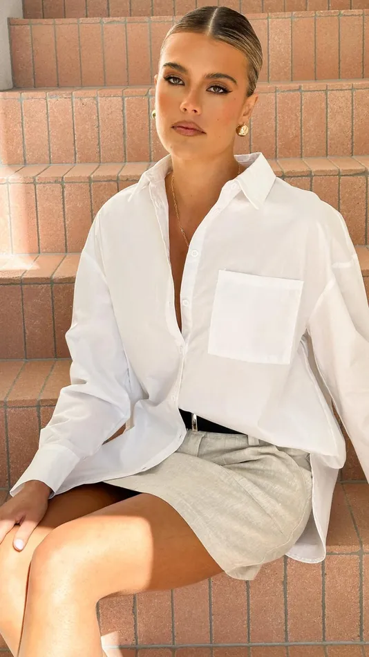 Billy J Tops Women Deja Vu Oversized Shirt 8211 White