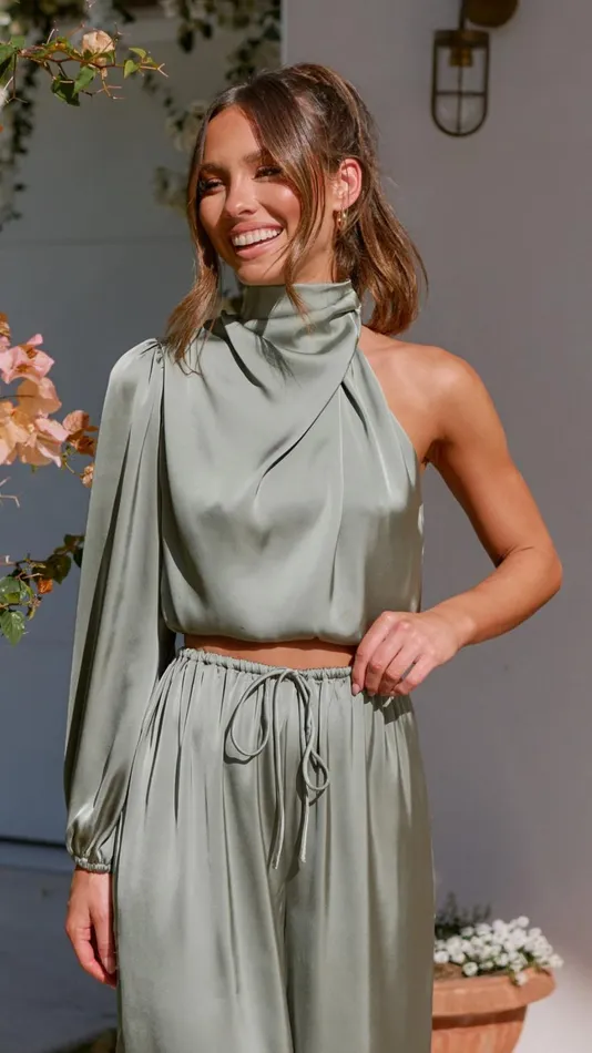 Billy J Tops Women Esther One Shoulder Long Sleeve Top 8211 Green