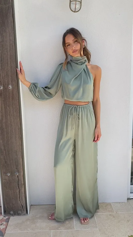 Billy J Tops Women Esther One Shoulder Long Sleeve Top 8211 Green