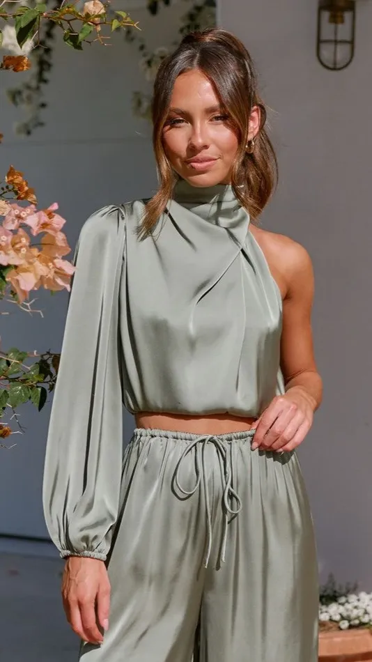 Billy J Tops Women Esther One Shoulder Long Sleeve Top 8211 Green