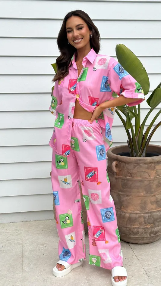 Billy J Tops Women Kourt Button Up Shirt And Pants Set 8211 Pink Stamps Set