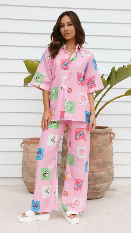 Billy J Tops Women Kourt Button Up Shirt And Pants Set 8211 Pink Stamps Set