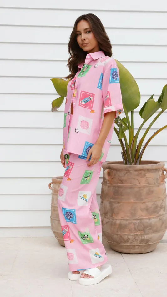 Billy J Tops Women Kourt Button Up Shirt And Pants Set 8211 Pink Stamps Set