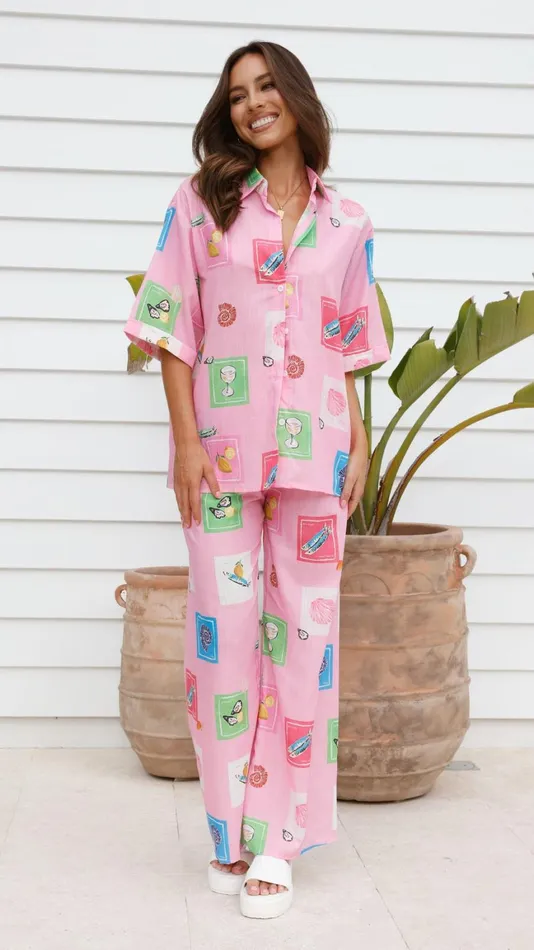 Billy J Tops Women Kourt Button Up Shirt And Pants Set 8211 Pink Stamps Set