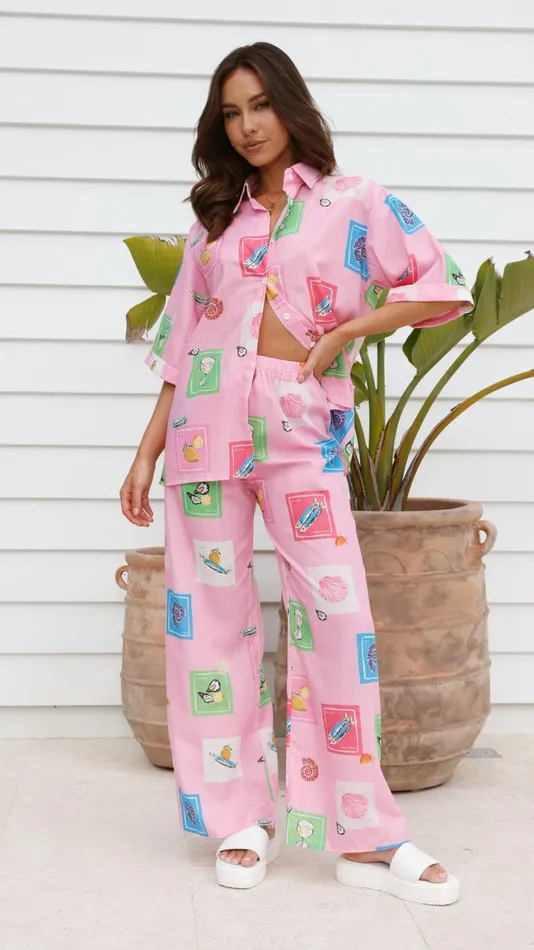 Billy J Tops Women Kourt Button Up Shirt And Pants Set 8211 Pink Stamps Set