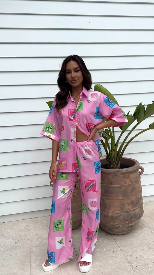 Billy J Tops Women Kourt Button Up Shirt And Pants Set 8211 Pink Stamps Set