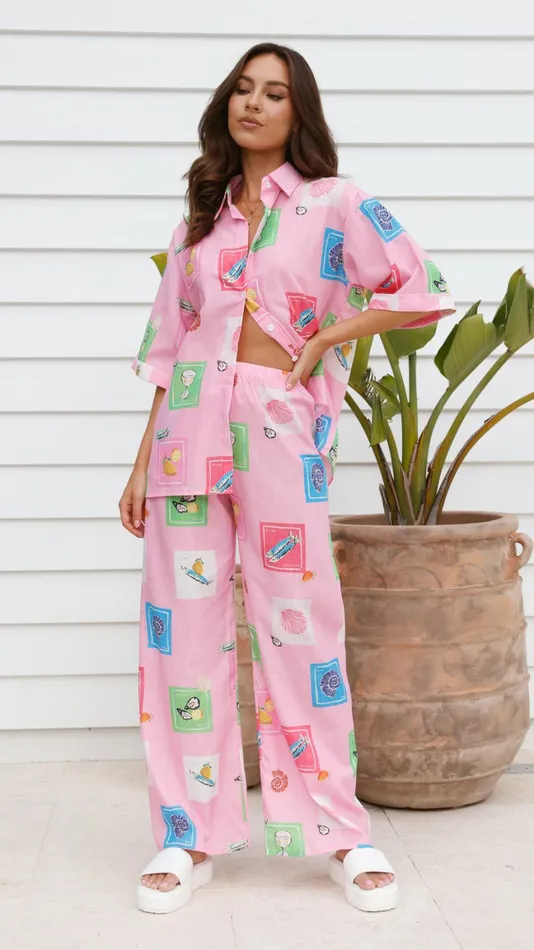 Billy J Tops Women Kourt Button Up Shirt And Pants Set 8211 Pink Stamps Set
