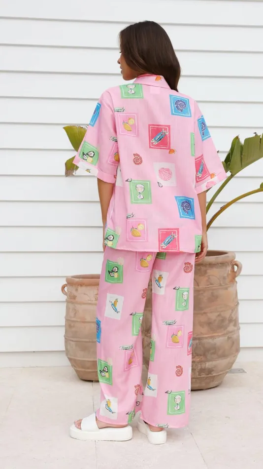 Billy J Tops Women Kourt Button Up Shirt And Pants Set 8211 Pink Stamps Set