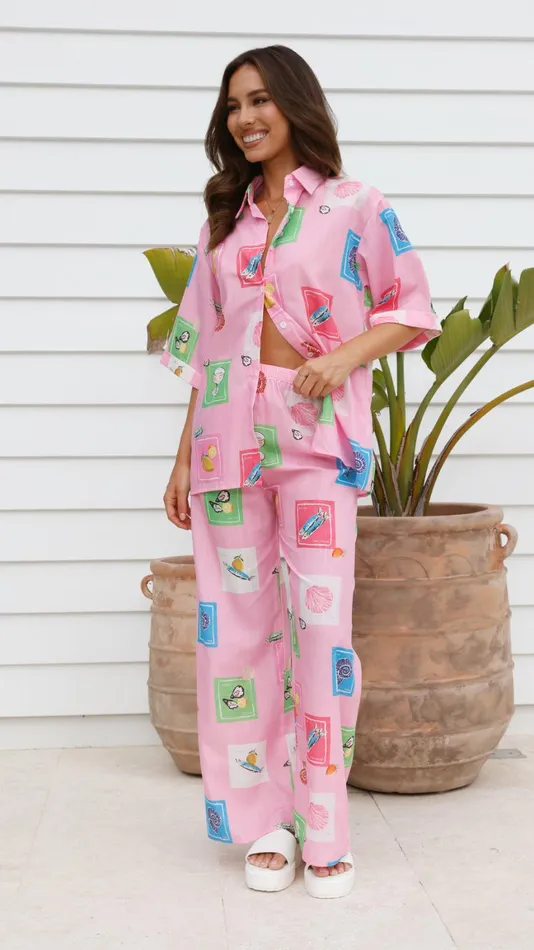 Billy J Tops Women Kourt Button Up Shirt And Pants Set 8211 Pink Stamps Set