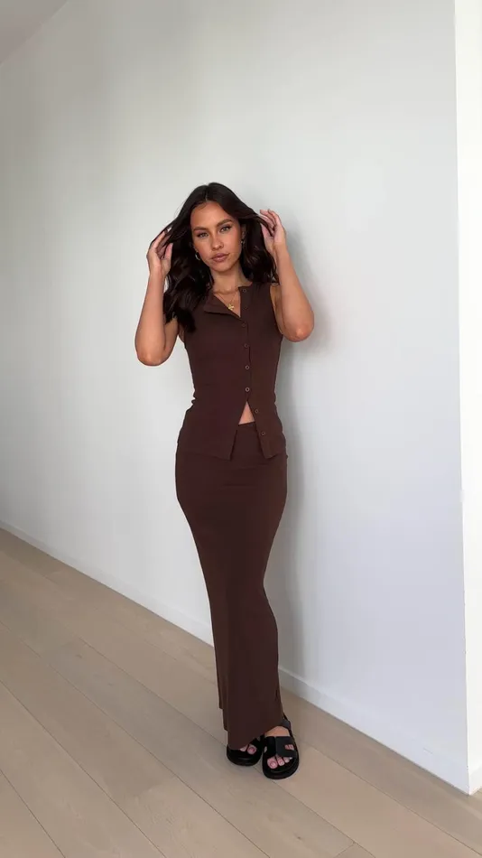 Billy J Tops Women Rahela Button Top And Maxi Skirt Set 8211 Chocolate