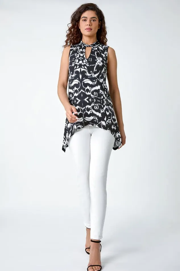 Black Abstract Print Hanky Hem Stretch Top Women Roman Tops