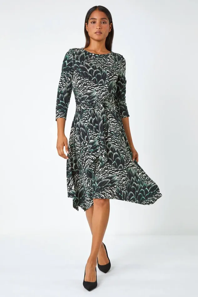 Black Abstract Print Tie Waist Stretch Dress Women Roman Dresses