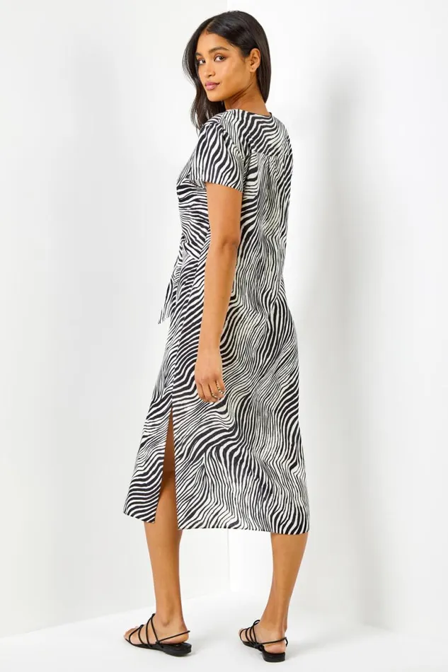Black Abstract Wave Print Tie Knot Detail Dress Women Roman Dresses