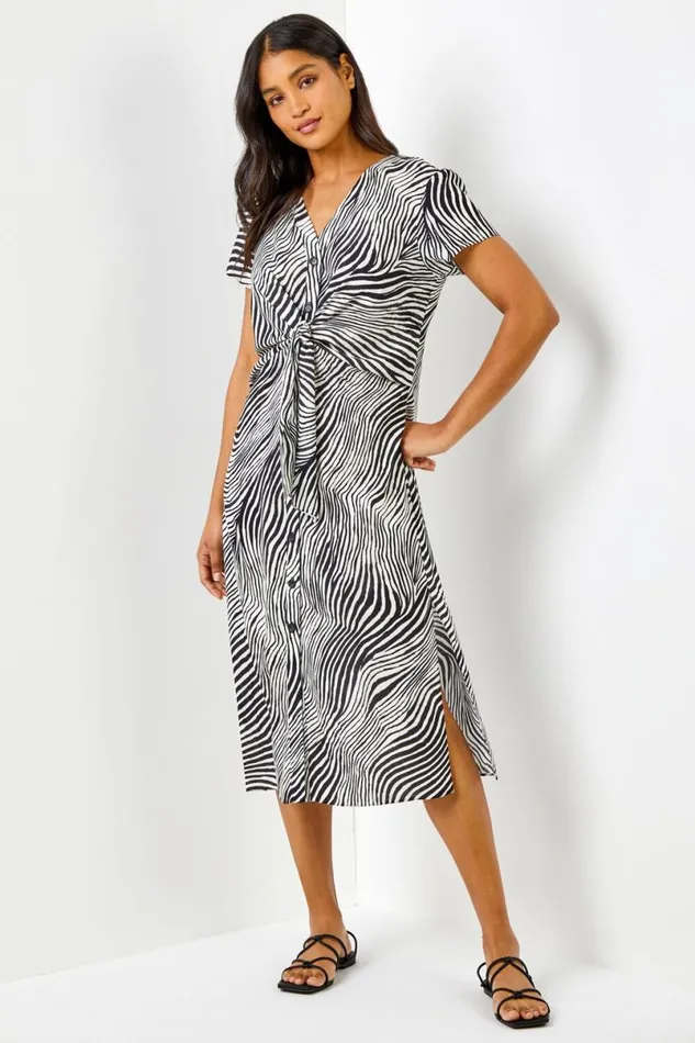 Black Abstract Wave Print Tie Knot Detail Dress Women Roman Dresses