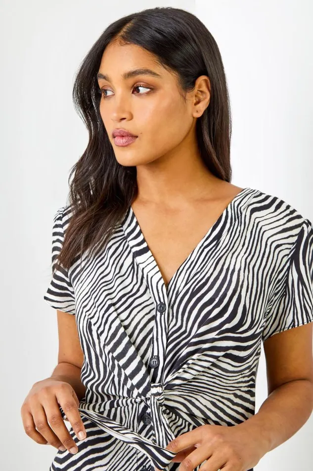 Black Abstract Wave Print Tie Knot Detail Dress Women Roman Dresses