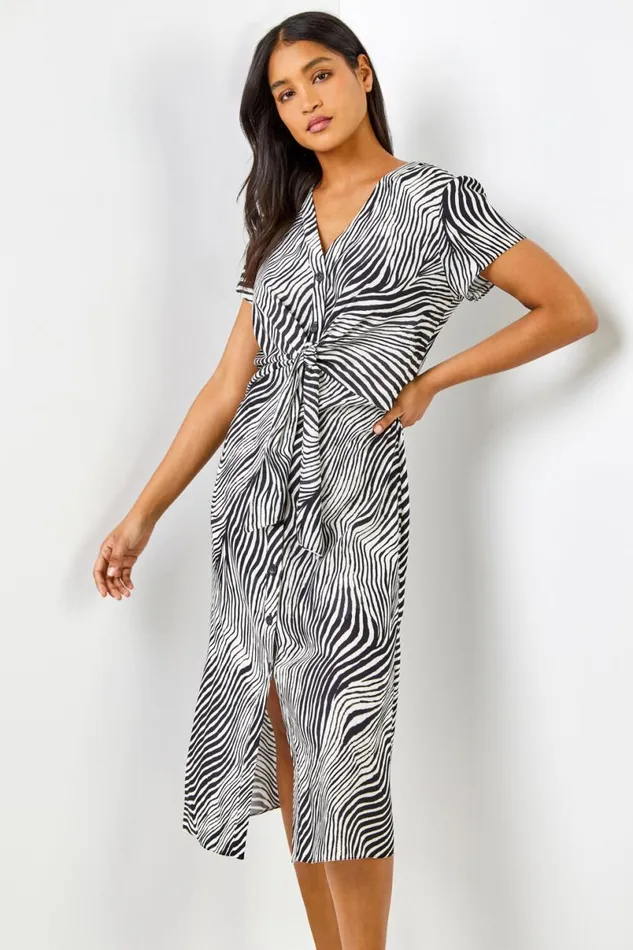 Black Abstract Wave Print Tie Knot Detail Dress Women Roman Dresses