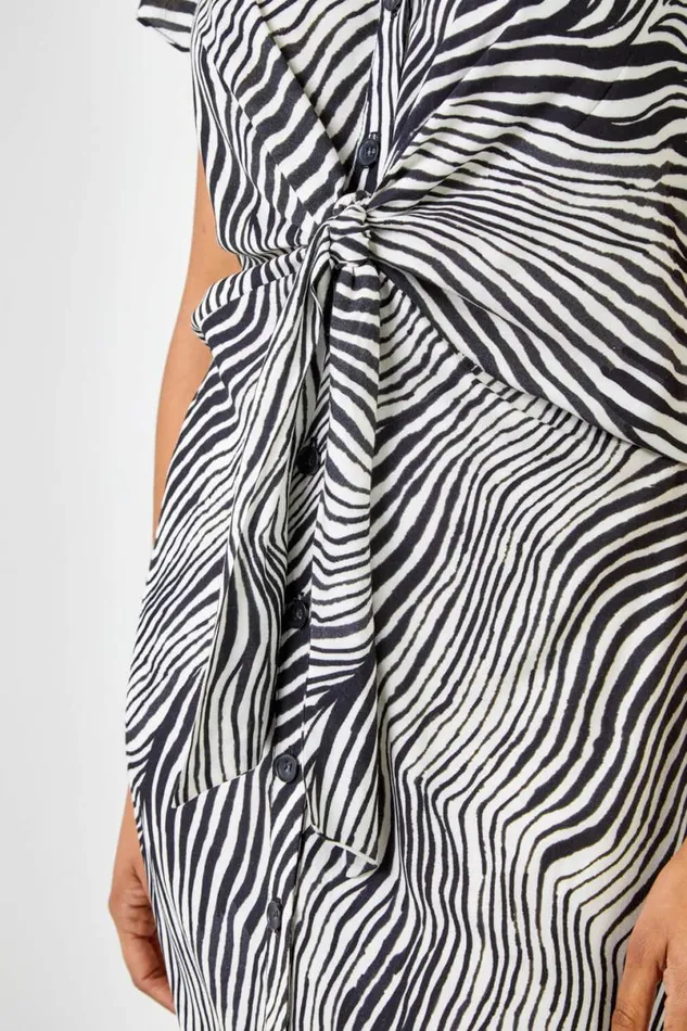 Black Abstract Wave Print Tie Knot Detail Dress Women Roman Dresses