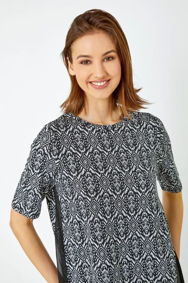 Black Aztec Chiffon Hem Stretch Tunic Top Women Roman Tops