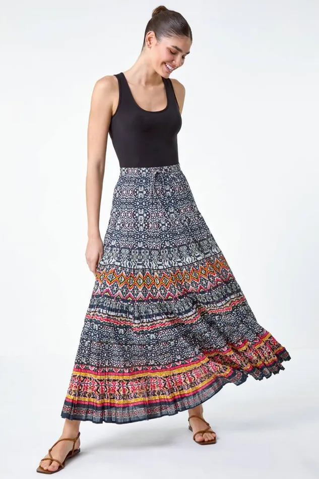 Black Aztec Crinkle Cotton Tiered Maxi Skirt Women Roman Skirts