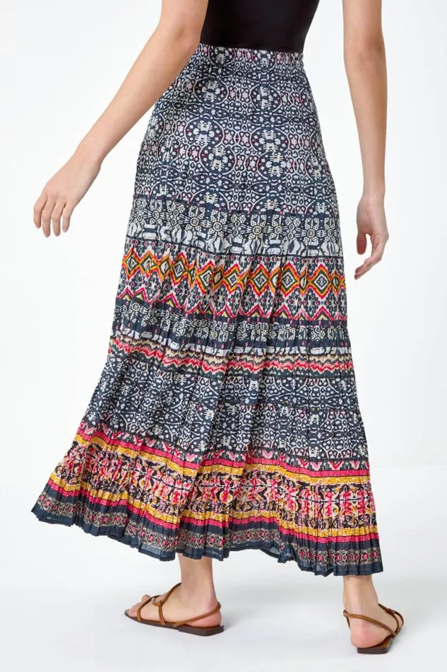 Black Aztec Crinkle Cotton Tiered Maxi Skirt Women Roman Skirts